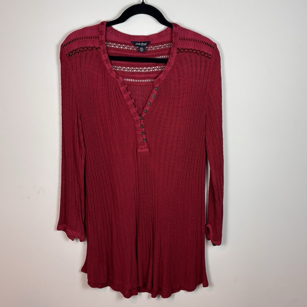 Lucky Brand Women's Red Waffle Thermal Henley Tunic Embroidered Boho Top Sz XXL